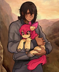 Size: 1703x2048 | Tagged: safe, artist:dying_mallowed, apple bloom, earth pony, human, pony, g4, apple bloom's bow, bow, clothes, crossover, female, filly, fine art parody, foal, hair bow, holding, holding a pony, human and pony, jacket, mountain, outdoors, spy x family, unshorn fetlocks, yuri briar