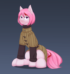 Size: 2380x2500 | Tagged: safe, artist:unchivalrous, oc, oc only, oc:princess fiana, oc:princess fiana ii snowflake, earth pony, equestria at war mod, clothes, earth pony oc, gradient background, pink coat, pink hair, solo