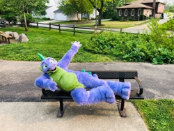 Size: 2048x1536 | Tagged: safe, artist:spainfischer, photographer:vglowbold, spike, g4, bench, dragon costume, fursuit, irl, lying down, on side, outdoors, photo, solo