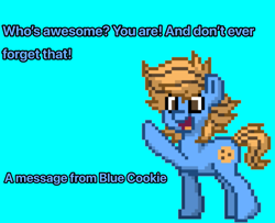 Size: 2243x1819 | Tagged: safe, artist:cookieballrun, oc, oc only, oc:blue cookie, earth pony, pony, pony town, digital art, earth pony oc, male, open mouth, photo, pixel art, positive message, simple background, solo, stallion, text