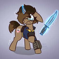 Size: 3000x3000 | Tagged: safe, artist:artsy madraw, oc, oc only, pony, unicorn, fallout equestria, clothes, emanata, female, gradient background, high res, horn, jumpsuit, knife, magic, mare, pipbuck, raised hoof, scared, solo, telekinesis, trembling, vault suit, weapon