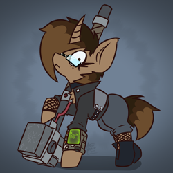 Size: 3000x3000 | Tagged: safe, artist:artsy madraw, oc, oc only, pony, unicorn, fallout equestria, chest fluff, choker, clothes, female, fishnet clothing, fishnet stockings, gradient background, hammer, high res, horn, jacket, leather, leather jacket, looking at you, mare, pipbuck, sledgehammer, solo, stockings, super sledge, thigh highs, weapon