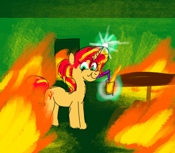 Size: 3200x2800 | Tagged: safe, artist:horsesplease, sunset shimmer, elemental, elemental pony, fire pony, original species, pony, unicorn, g4, drink, drinking, fiery shimmer, fire, glass, horn, looking at you, magic, meme, ponified, ponified meme, smiling, solo, straw, surreal, telekinesis, this is fine