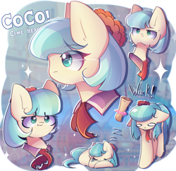 Size: 2250x2200 | Tagged: safe, artist:miryelis, coco pommel, earth pony, pony, g4, big ears, clothes, emotions, eye clipping through hair, face, female, heart, heart eyes, mare, onomatopoeia, short hair, sleeping, smiling, solo, sound effects, text, wingding eyes, zzz