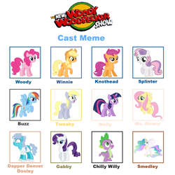 Size: 1425x1426 | Tagged: safe, artist:margotthemlpfan573, edit, applejack, derpy hooves, fluttershy, pinkie pie, princess celestia, rainbow dash, rarity, scootaloo, screw loose, spike, sweetie belle, twilight sparkle, alicorn, dragon, earth pony, pegasus, pony, unicorn, g4, baby, baby dragon, buzz buzzard, cast, cast meme, chilly willy, dapper denver dooley, female, filly, foal, gabby gator, horn, knothead, male, mane seven, mane six, mare, meme, ms. meany, simple background, smedley, splinter (woody woodpecker), the new woody woodpecker show, tweaky the lackey, unicorn twilight, wally walrus, white background, winnie woodpecker, woody woodpecker, woody woodpecker (series)