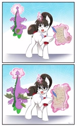 Size: 1249x2048 | Tagged: safe, artist:nekoshiei, raven, spike, dragon, pony, unicorn, g4, my little pony: the manga, 2 panel comic, age difference, angry, baby, baby dragon, baby spike, comic, commission, correction, cute, duo, duo male and female, female, finished commission, glasses, hair bun, horn, magic, male, manga style, mare, mistake, mistakes were made, necktie, nervous sweat, older, older spike, pointing, ravenbetes, scroll, secretary, ship:ravenspike, shipping, spikabetes, straight, winged spike, wings, younger, younger spike
