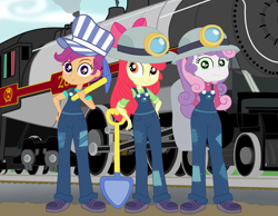Size: 4389x3400 | Tagged: safe, artist:gmaplay, apple bloom, scootaloo, sweetie belle, human, equestria girls, g4, clothes, conductor, cutie mark crusaders, empress 2816, female, helmet, locomotive, mining helmet, overalls, photo, pickaxe, shovel, train, train conductor, trio, trio female