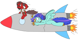 Size: 3332x1709 | Tagged: safe, artist:supahdonarudo, oc, oc only, oc:ironyoshi, oc:sea lilly, classical hippogriff, hippogriff, unicorn, atg 2024, clothes, excited, flying, holding, horn, jewelry, necklace, newbie artist training grounds, rocket, scared, scratches, shirt, simple background, transparent background