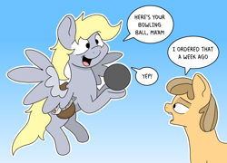 Size: 2304x1660 | Tagged: safe, artist:doodledonutart, derpy hooves, earth pony, pegasus, pony, g4, atg 2024, bowling ball, dialogue, duo, female, gradient background, late, mare, newbie artist training grounds, speech bubble