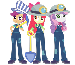 Size: 4709x4066 | Tagged: safe, artist:gmaplay, apple bloom, scootaloo, sweetie belle, human, equestria girls, g4, my little pony equestria girls: better together, cutie mark crusaders, female, pickaxe, shovel, simple background, transparent background, trio, trio female
