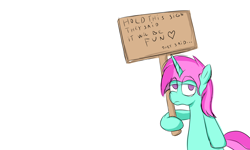 Size: 2000x1200 | Tagged: safe, artist:amateur-draw, oc, oc only, oc:belle boue, pony, unicorn, bipedal, horn, looking at you, male, sign, simple background, solo, text, unamused, unicorn oc, white background