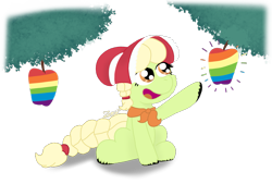 Size: 1383x934 | Tagged: safe, artist:zeccy, granny smith, earth pony, pony, g4, apple, atg 2024, braid, braided ponytail, braided tail, food, happy, newbie artist training grounds, open mouth, open smile, ponytail, simple background, smiling, solo, tail, transparent background, zap apple