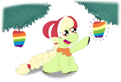 Size: 1383x934 | Tagged: safe, artist:zeccy, granny smith, earth pony, pony, g4, apple, atg 2024, braid, braided ponytail, braided tail, female, food, happy, mare, newbie artist training grounds, open mouth, open smile, ponytail, simple background, smiling, solo, tail, transparent background, zap apple