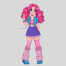Size: 4000x4000 | Tagged: safe, artist:dearycocoa, pinkie pie, human, g4, alternate hairstyle, blushing, bracelet, clothes, cute, diapinkes, female, freckles, gray background, humanized, jewelry, leg warmers, mismatched socks, peace sign, pigtails, shirt, shoes, short shirt, simple background, skirt, socks, solo, striped socks, twintails