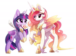 Size: 2184x1608 | Tagged: safe, artist:magnaluna, princess celestia, twilight sparkle, alicorn, pony, zefiros codex, g4, alternate design, alternate universe, colored wings, colored wingtips, crown, cute, cutelestia, daaaaaaaaaaaw, drawing, duo, duo female, ear fluff, female, folded wings, hoof shoes, horn, jewelry, lesbian, long horn, mare, mouth hold, peytral, princess shoes, raised hoof, raised leg, rearing, regalia, ship:twilestia, shipping, simple background, smiling, standing on two hooves, tail, twiabetes, twilight sparkle (alicorn), unshorn fetlocks, white background, wings