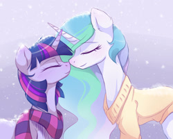 Size: 2500x2000 | Tagged: dead source, safe, artist:magnaluna, princess celestia, twilight sparkle, pony, unicorn, g4, affection, boop, clothes, duo, duo female, eyes closed, female, high res, horn, horns are touching, lesbian, mare, noseboop, profile, race swap, scarf, ship:twilestia, shipping, side view, smiling, snow, snowfall, striped scarf, sweater, unicorn celestia, unicorn twilight, winter