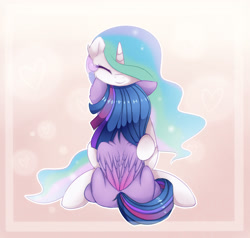Size: 2100x2000 | Tagged: dead source, safe, artist:magnaluna, princess celestia, twilight sparkle, alicorn, pony, g4, colored wings, colored wingtips, duo, duo female, ethereal mane, ethereal tail, eyes closed, female, folded wings, high res, horn, hug, lesbian, mare, rear view, ship:twilestia, shipping, sitting, smiling, tail, twilight sparkle (alicorn), wings