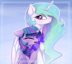 Size: 2700x2400 | Tagged: dead source, safe, artist:magnaluna, princess celestia, twilight sparkle, alicorn, pony, g4, blushing, clothes, duo, duo female, ethereal mane, eyebrows, eyebrows visible through hair, eyes closed, female, floppy ears, folded wings, heart, heart eyes, high res, horn, hug, lesbian, long horn, looking at someone, mare, open mouth, open smile, profile, scarf, shared clothing, shared scarf, ship:twilestia, shipping, side view, smiling, striped scarf, twilight sparkle (alicorn), wingding eyes, winghug, wings