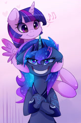 Size: 2910x4400 | Tagged: dead source, safe, artist:magnaluna, princess luna, twilight sparkle, alicorn, pony, semi-anthro, g4, angry, bipedal, cheek fluff, cross-popping veins, crossed arms, crossed legs, crown, duo, duo female, ear fluff, emanata, eye clipping through hair, female, fluffy, flying, forced smile, gradient background, heart, high res, hoof shoes, horn, jewelry, looking at you, luna is not amused, mare, music notes, peytral, princess shoes, regalia, smiling, teeth, twilight sparkle (alicorn), unamused