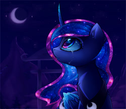 Size: 2190x1900 | Tagged: safe, artist:magnaluna, princess luna, alicorn, pony, g4, colored wings, crescent moon, crying, curved horn, ear fluff, ethereal mane, female, galaxy mane, high res, horn, looking up, mare, moon, night, night sky, outdoors, peytral, sky, smiling, solo, teary eyes, wings