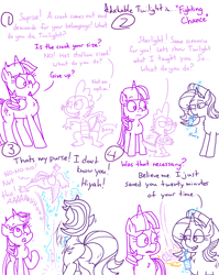 Size: 4779x6013 | Tagged: safe, artist:adorkabletwilightandfriends, spike, starlight glimmer, twilight sparkle, alicorn, dragon, pony, unicorn, comic:adorkable twilight and friends, g4, adorkable, adorkable twilight, butt, comic, concerned, cute, dork, drink, falling, funny, glimmer glutes, horn, humor, king of the hill, magic, plot, rear view, surprised, that's my purse i don't know you, throwing, toss, trio, twilight sparkle (alicorn)