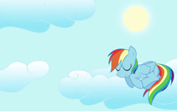 Size: 900x563 | Tagged: safe, artist:resistance-of-faith, rainbow dash, pegasus, pony, g4, 2011, artifact, cloud, female, mare, old art, on a cloud, sky, sleeping, sleeping on a cloud, solo, sun