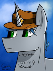 Size: 1248x1680 | Tagged: safe, artist:hno3, oc, unicorn, equestria at war mod, equestria rises still (equestria at war submod), blue mane, bust, clothes, gradient background, green eyes, hat, horn, portrait, sheriff, sheriff's badge, unicorn oc