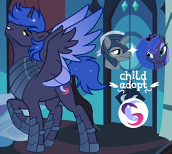 Size: 1280x1147 | Tagged: safe, artist:vi45, princess luna, oc, alicorn, pony, g4, adoptable, male, offspring, parent:princess luna, parent:royal guard, parents:guardluna, royal guard, screencap background, stallion