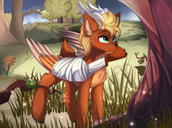 Size: 4385x3259 | Tagged: safe, artist:2pandita, oc, oc only, oc:leafy skies, bird, deer, deer pony, original species, peryton, bandage, flower, solo, tree