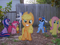 Size: 1024x768 | Tagged: safe, artist:minatek616, applejack, fluttershy, pinkie pie, rainbow dash, rarity, twilight sparkle, earth pony, pegasus, pony, unicorn, g4, customized toy, decoration, irl, lawn, lawn decoration, mane six, photo, rubber chicken, sunglasses, toy, unicorn twilight, yard