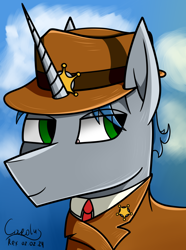 Size: 1248x1680 | Tagged: safe, artist:hno3, oc, unicorn, equestria at war mod, equestria rises still (equestria at war submod), blue mane, bust, clothes, gradient background, green eyes, hat, horn, portrait, sheriff, sheriff's badge, unicorn oc