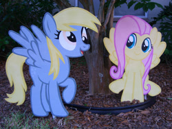 Size: 1024x768 | Tagged: safe, artist:minatek616, derpy hooves, fluttershy, pegasus, pony, g4, decoration, duo, duo female, female, irl, lawn decoration, mare, photo, potted plant