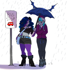 Size: 2000x2200 | Tagged: safe, artist:icicle-niceicle-1517, artist:starsbursts, color edit, edit, oc, oc only, oc:batilla, oc:lacey scotts, equestria girls, g4, backpack, bag, beanie, belt, boots, bus stop, choker, clothes, collaboration, colored, duo, duo female, equestria girls-ified, evening gloves, female, fingerless elbow gloves, fingerless gloves, fishnet clothing, glasses, gloves, hair over one eye, hat, height difference, high heel boots, hoodie, lesbian, long gloves, oc x oc, pants, pencil, rain, shipping, shirt, shoes, shorts, sign, simple background, size difference, sneakers, socks, spiked choker, stockings, sweatpants, t-shirt, thigh highs, transparent background, umbrella