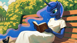 Size: 2560x1440 | Tagged: safe, ai assisted, ai content, artist:dovakkins, princess luna, alicorn, anthro, g4, beautiful, bench, calm, clothes, cute, cyrillic, dress, female, long dress, looking at something, mare, park, park bench, reading, relaxing, russian, sitting, solo, summer, watermark, wavy mane, wingless, wingless alicorn