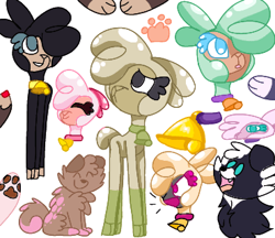 Size: 370x320 | Tagged: safe, artist:pomdb, pom (tfh), dog, sheep, them's fightin' herds, alternate color palette, angry, bell, bell collar, black sheep, collar, community related, female, group, male, open mouth, paw prints, paws, red nose, simple background, sitting, smiling, white background