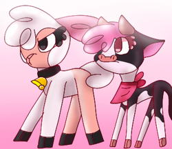 Size: 370x320 | Tagged: safe, artist:pomdb, arizona (tfh), pom (tfh), cow, sheep, them's fightin' herds, alternate color palette, alternate design, bandana, bell, bell collar, buff, collar, community related, duo, duo female, female, gradient background, muscles, personality swap, shy, slender, thin