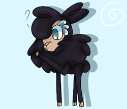 Size: 370x320 | Tagged: safe, artist:pomdb, pom (tfh), sheep, them's fightin' herds, alternate design, black sheep, blue background, community related, female, fluffy, question mark, raised hoof, shadow, simple background, solo