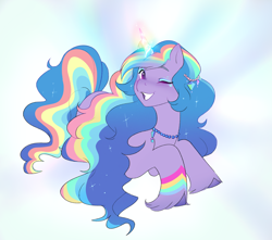 Size: 2048x1812 | Tagged: safe, artist:aztrial, izzy moonbow, pony, unicorn, g5, my little pony: tell your tale, the blockywockys, spoiler:g5, spoiler:my little pony: tell your tale, spoiler:tyts02e00, cute, female, gradient background, horn, izzy rainbow, izzybetes, jewelry, magic, magic aura, mare, necklace, one eye closed, smiling, solo, unshorn fetlocks, wink