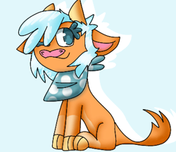 Size: 370x320 | Tagged: safe, artist:pomdb, arizona (tfh), cow, them's fightin' herds, alternate design, bandana, blue background, community related, female, floppy ears, hair, one eye closed, shadow, simple background, sitting, smiling, solo, wink