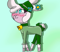 Size: 370x320 | Tagged: safe, artist:pomdb, pom (tfh), sheep, them's fightin' herds, bell, bell collar, blushing, bow, clothes, collar, community related, dress, female, flower, gradient background, hat, shadow, solo, tail, tail bow