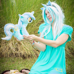 Size: 900x900 | Tagged: safe, artist:sweetkey, lyra heartstrings, human, g4, clothes, cosplay, costume, cutie mark on clothes, irl, irl human, photo, plushie