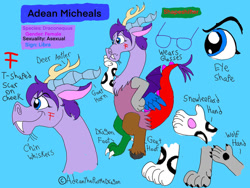 Size: 1032x774 | Tagged: safe, artist:adeanthepurpledragon, oc, oc only, oc:adean the draconequus, draconequus, blue background, reference sheet, simple background, solo
