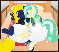 Size: 4784x4200 | Tagged: safe, artist:fillyscoots42, oc, oc only, oc:icy breeze, oc:naveen numbers, bat pony, pegasus, pony, air pushed out of diaper, blushing, clothes, crib, diaper, diaper fetish, diapered, duo, duo female, female, fetish, hoodie, impossibly large diaper, lying down, mare, non-baby in diaper, on side, one eye closed, open mouth, open smile, poofy diaper, smiling, tail, tail hole, underhoof, white diaper