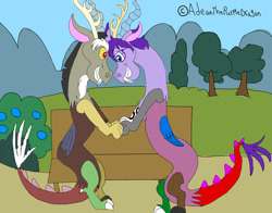 Size: 1009x792 | Tagged: safe, artist:adeanthepurpledragon, discord, oc, oc:adean the draconequus, draconequus, g4, duo, excited, grin, happy, shipping, smiling