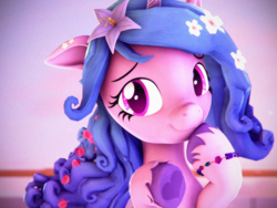 Size: 2880x2160 | Tagged: safe, artist:psfmer, izzy moonbow, pony, unicorn, g4, g5, 3d, bracelet, cute, female, flower, flower in hair, g5 to g4, generation leap, hoof heart, hoof on chin, horn, izzybetes, jewelry, looking at you, mare, smiling, smiling at you, solo, source filmmaker, underhoof, unshorn fetlocks
