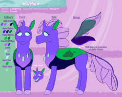 Size: 4000x3200 | Tagged: safe, artist:azurllinate, oc, oc only, oc:ocelia, changedling, changeling, 2024, blue body, blue eyes, blue tongue, english, eyelashes, female, front view, high res, horn, insect wings, looking at you, name, open mouth, purple body, purple changeling, purple hooves, purple mane, reference sheet, side view, smiling, smiling at you, solo, spread wings, standing, tail, text, wings