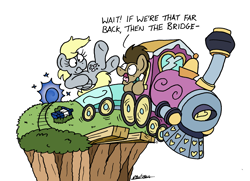 Size: 2409x1747 | Tagged: safe, artist:bobthedalek, derpy hooves, doctor whooves, time turner, earth pony, pegasus, pony, g4, :s, atg 2024, cliff, doctor who, duo, duo male and female, female, friendship express, frown, locomotive, male, mare, moments before disaster, newbie artist training grounds, open mouth, panicking, portal, simple background, stallion, steam locomotive, tardis, this will end in death, this will end in tears, this will end in tears and/or death, this will not end well, time travel, train, wavy mouth, white background