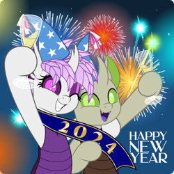 Size: 5000x5000 | Tagged: safe, artist:jhayarr23, oc, oc only, oc:copycat, oc:elytra, changedling, changeling, changedling oc, changeling oc, duo, fireworks, happy new year, holiday, purple changeling, white changeling