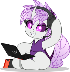 Size: 4850x5000 | Tagged: safe, artist:jhayarr23, oc, oc only, oc:elytra, changedling, changeling, changedling oc, changeling oc, computer, headset, laptop computer, nintendo switch, purple changeling, simple background, solo, transparent background, white changeling