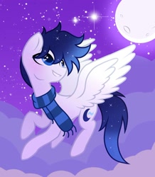 Size: 1220x1399 | Tagged: safe, artist:cstrawberrymilk, oc, oc only, oc:moonlight dust, pegasus, pony, clothes, flying, gradient mane, gradient tail, male, night, outdoors, pegasus oc, scarf, sky background, smiling, solo, sparkly mane, sparkly tail, spread wings, stallion, stallion oc, striped scarf, tail, wings